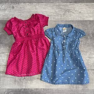 Girls Dress Bundle Size 2T Polka Dot Satin Hot Pink & Chambray Cap Sleeve Lot